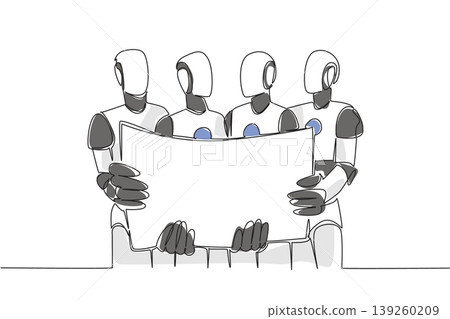 Colorful continuous line drawing of four robots holding a big blank paper for communication mockup. Artificial intelligence concept is an excellent graphic for an international tech conference banner. Colorful continuous line drawing of four robots holding a big blank paper for communication mockup. Artificial intelligence concept is an excellent graphic for an international tech conference banner. 139260209