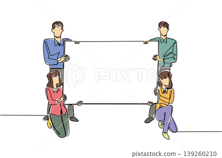 Colorful one line drawing of two businessmen and two businesswomen holding a large blank ad board. Amazing teamwork business concept works for a startup marketing advertisement or an event banner. 139260210
