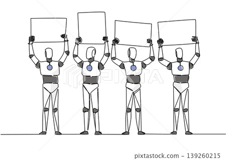 Colorful one line drawing of four robots standing and lifting four separate blank ad boards above their heads. This artificial intelligence technology concept is an ideal graphic for tech conference. Colorful one line drawing of four robots standing and lifting four separate blank ad boards above their heads. This artificial intelligence technology concept is an ideal graphic for tech conference. 139260215