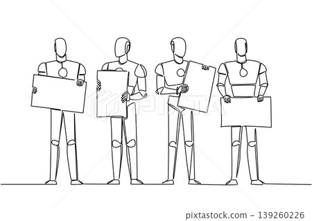 Single line drawing of four robots standing and holding individual blank marketing ad boards. This advanced technology concept works exceptionally well for an educational robotics workshop poster. Single line drawing of four robots standing and holding individual blank marketing ad boards. This advanced technology concept works exceptionally well for an educational robotics workshop poster. 139260226