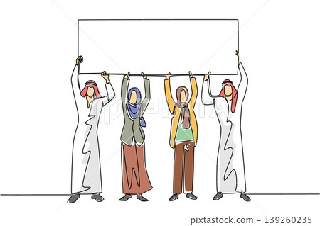 Colorful single line drawing of four Arabian people raising a blank advertisement board together above their heads. Teamwork diversity concept is incredibly suitable for a global event presentation. 139260235
