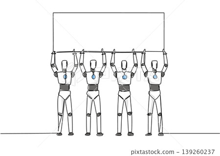 Brilliant continuous line drawing of four astronauts raising a blank board together above their heads in color. This outer space science concept is highly recommended for a museum exhibition banner. 139260237
