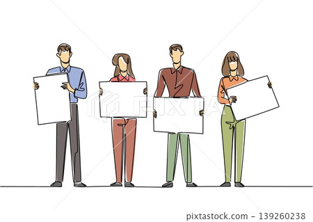 Colorful continuous line drawing of two businessmen and two businesswomen holding four separate blank boards. This marketing business concept is absolutely perfect for a startup presentation banner. Colorful continuous line drawing of two businessmen and two businesswomen holding four separate blank boards. This marketing business concept is absolutely perfect for a startup presentation banner. 139260238