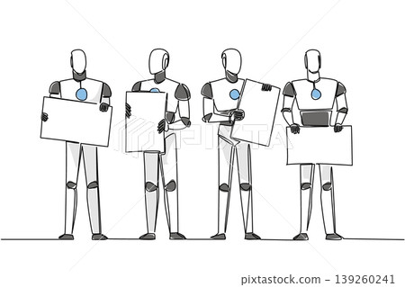 Colorful one line drawing of four robots holding four separate blank marketing boards. This artificial intelligence technology concept is an ideal graphic for an international tech conference banner. Colorful one line drawing of four robots holding four separate blank marketing boards. This artificial intelligence technology concept is an ideal graphic for an international tech conference banner. 139260241