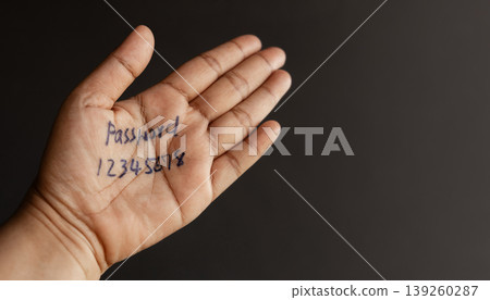 Password written on hand, weak security concept, cybersecurity risk 139260287
