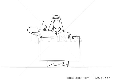 detailed single line drawing features a young handsome Arabian man giving a thumbs up behind a blank paper board placard. It highlights a business concept for a great corporate presentation. detailed single line drawing features a young handsome Arabian man giving a thumbs up behind a blank paper board placard. It highlights a business concept for a great corporate presentation. 139260337