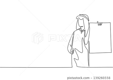 Continuous line drawing depicts young handsome Arabian business man holding a large blank placard. This awesome illustration perfectly suits an advertising concept and marketing poster. 139260338