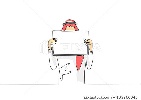 Single line drawing features a colorful Arabian man covering his face with a blank placard. A brilliant business identity concept perfectly designed for a commercial marketing layout. Single line drawing features a colorful Arabian man covering his face with a blank placard. A brilliant business identity concept perfectly designed for a commercial marketing layout. 139260345