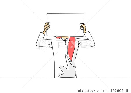 Continuous line drawing displays a colorful Arab man with headscarf lifting blank board over his head. An outstanding commercial announcement concept perfectly designed for a promotion presentation. 139260346