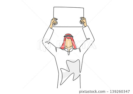One line drawing shows a colorful Arab man with headscarf lifting a blank board high with both hands. A powerful business protest concept perfectly designed for a corporate advertising layout design. One line drawing shows a colorful Arab man with headscarf lifting a blank board high with both hands. A powerful business protest concept perfectly designed for a corporate advertising layout design. 139260347