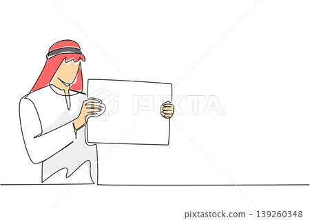 Single line drawing features a colorful Arabian man with headscarf holding blank placard to his side. An engaging corporate message concept perfectly designed for a commercial marketing banner layout. 139260348
