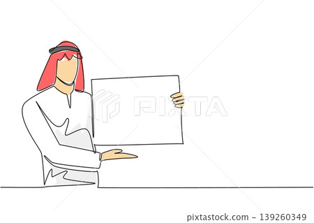 Continuous line drawing displays a colorful Arab man holding blank board at his side for presentation. An excellent commercial marketing concept perfectly designed for a corporate business layout. Continuous line drawing displays a colorful Arab man holding blank board at his side for presentation. An excellent commercial marketing concept perfectly designed for a corporate business layout. 139260349