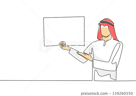 Single line drawing features a colorful Arabian man with headscarf holding blank placard and shrugging his shoulders. A brilliant commercial doubt concept designed for an advertising campaign banner. Single line drawing features a colorful Arabian man with headscarf holding blank placard and shrugging his shoulders. A brilliant commercial doubt concept designed for an advertising campaign banner. 139260350