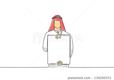 Continuous line drawing shows a colorful Arabian man standing while holding a blank placard to promote product. A strong mental pressure concept perfectly designed for a commercial promotion poster. 139260351