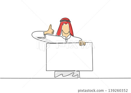 Beautiful colorful single line drawing features a young handsome Arab man giving a thumbs up behind a blank monitor screen. It highlights a business concept for a great corporate presentation. 139260352