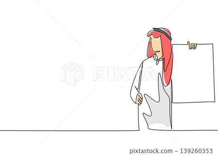 Unique colorful continuous line drawing depicts a young handsome Arab man holding a large blank placard. This artistic illustration perfectly suits an advertising concept and marketing poster. Unique colorful continuous line drawing depicts a young handsome Arab man holding a large blank placard. This artistic illustration perfectly suits an advertising concept and marketing poster. 139260353