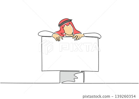 Perfect colored one line drawing presents a young handsome Arab male comfortably leaning on a blank poster paper board. This awesome image represents a technology concept for a business exhibition. Perfect colored one line drawing presents a young handsome Arab male comfortably leaning on a blank poster paper board. This awesome image represents a technology concept for a business exhibition. 139260354