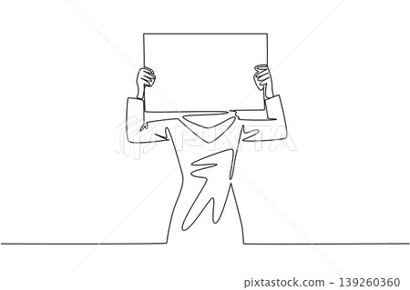 Creative single line drawing shows a Muslim woman in hijab holding a blank marketing board over her head. This stunning illustration perfectly suits an activism concept for a global charity event. 139260360