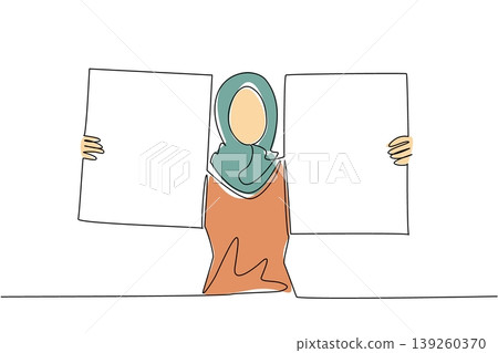 Beautiful colorful single line drawing features female Muslim in hijab holding two blank paper boards beside left and right. It highlights an education concept for an outstanding school presentation. Beautiful colorful single line drawing features female Muslim in hijab holding two blank paper boards beside left and right. It highlights an education concept for an outstanding school presentation. 139260370
