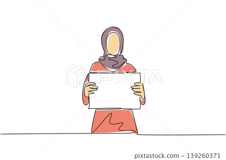 Wonderful colored one line drawing presents a young Muslim woman in hijab holding a large blank placard with both hands. This beautiful image perfectly represents a business concept for a marketing Wonderful colored one line drawing presents a young Muslim woman in hijab holding a large blank placard with both hands. This beautiful image perfectly represents a business concept for a marketing 139260371