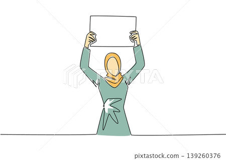 Unique colorful one line drawing depicts a young Muslim woman in hijab raising a blank marketing board up high. It represents an equality concept perfectly suited for a global female rights banner. Unique colorful one line drawing depicts a young Muslim woman in hijab raising a blank marketing board up high. It represents an equality concept perfectly suited for a global female rights banner. 139260376