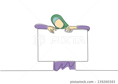 Perfect colorful single line drawing shows a Muslim woman in hijab resting on a blank marketing blank boar. It highlights a business technology concept for a great corporate presentation. 139260383