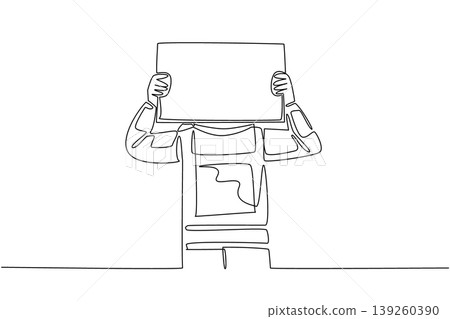 Stunning single line drawing shows a young handsome astronaut holding a blank marketing ad board over his head. This unique illustration suits an activism concept for a global charity poster. Stunning single line drawing shows a young handsome astronaut holding a blank marketing ad board over his head. This unique illustration suits an activism concept for a global charity poster. 139260390