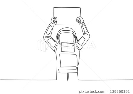 Unique one line drawing depicts a young handsome astronaut raising a blank marketing advertisement board up high. It represents an equality concept perfectly suited for a global science banner. Unique one line drawing depicts a young handsome astronaut raising a blank marketing advertisement board up high. It represents an equality concept perfectly suited for a global science banner. 139260391