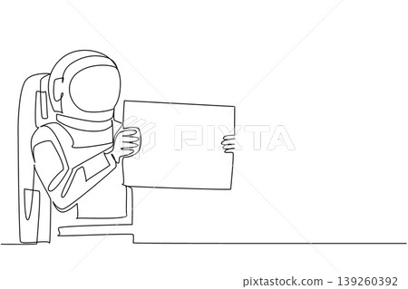 Gorgeous monochrome continuous line drawing presents a young handsome astronaut holding a large blank sign sideways. It perfectly fits an advertising concept for a public awareness poster. Gorgeous monochrome continuous line drawing presents a young handsome astronaut holding a large blank sign sideways. It perfectly fits an advertising concept for a public awareness poster. 139260392