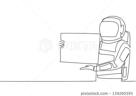 Perfect single line drawing displays a young handsome astronaut presenting a blank marketing ad placard. This artistic image beautifully highlights an education concept for a learning website. Perfect single line drawing displays a young handsome astronaut presenting a blank marketing ad placard. This artistic image beautifully highlights an education concept for a learning website. 139260393