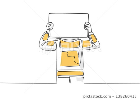 Stunning colorful continuous line drawing shows a young handsome astronaut holding a blank marketing board over his head. This unique illustration suits an activism concept for a charity poster. Stunning colorful continuous line drawing shows a young handsome astronaut holding a blank marketing board over his head. This unique illustration suits an activism concept for a charity poster. 139260415