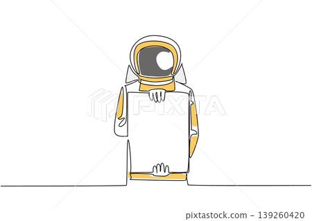 Gorgeous colored single line drawing displays an astronaut holding a vertical blank marketing ad board in front. This amazing image nicely highlights a universe concept for an education exhibition. Gorgeous colored single line drawing displays an astronaut holding a vertical blank marketing ad board in front. This amazing image nicely highlights a universe concept for an education exhibition. 139260420