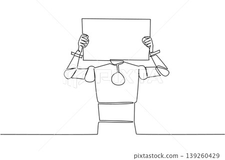 Stunning single line drawing shows an artificial intelligence robot holding a blank marketing ad board over its head. This unique illustration suits an activism concept for a charity poster. Stunning single line drawing shows an artificial intelligence robot holding a blank marketing ad board over its head. This unique illustration suits an activism concept for a charity poster. 139260429