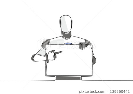 Creative colorful continuous line drawing shows an artificial intelligence robot pointing at a blank sign. It beautifully emphasizes a futuristic technology concept for a modern corporate event. 139260441