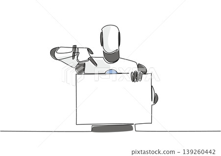 Beautiful colorful single line drawing depicts a robot pointing down at a blank sign. This outstanding image nicely represents a futuristic artificial intelligence concept for a scientific exhibition. 139260442