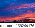 Majestic purple and orange sunset sky over dark forest silhouettes 139260476