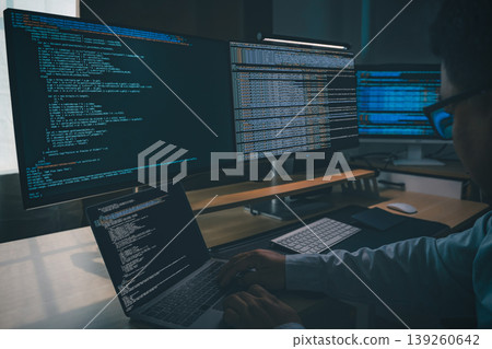 Developing programmer Website design at a multi monitor workstation with laptop and screens displaying scripts, showing web development, coding, software workflow, and technical productivity in dark 139260642
