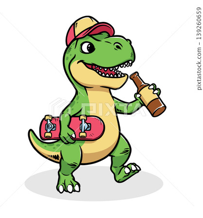 Dino walks drinking beer while holding a skateboard Dino walks drinking beer while holding a skateboard 139260659