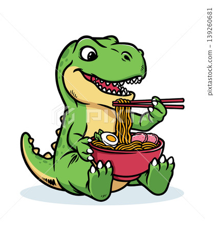 Dino is eating noodles with chopsticks 139260681