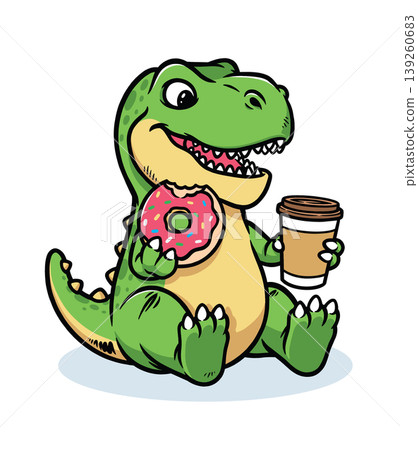Dino is drinking coffee and eating donuts Dino is drinking coffee and eating donuts 139260683
