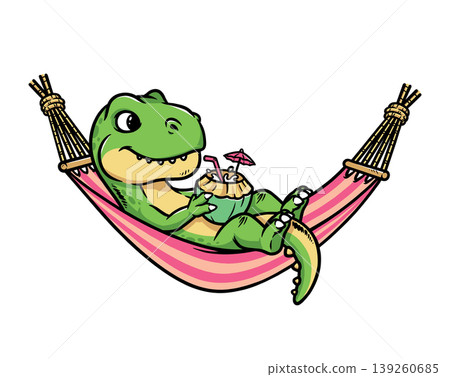 Dino is drinking coconut while relaxing in a hammock Dino is drinking coconut while relaxing in a hammock 139260685