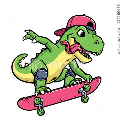 Dino is doing tricks with a skateboard Dino is doing tricks with a skateboard 139260686