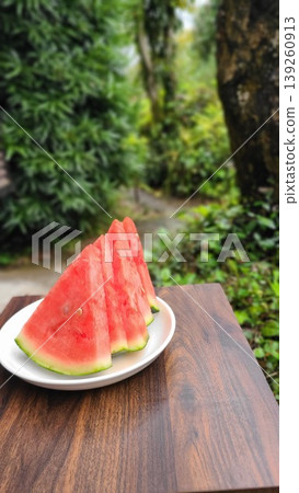 A plate of chilled watermelon, cut into five slices, enjoyed in the garden – a summer image. A plate of chilled watermelon, cut into five slices, enjoyed in the garden – a summer image. 139260913