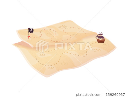 Pirate map with pirate ship and skull and crossbones flag. Route to red mark. Paper map on white background. Vector illustration Pirate map with pirate ship and skull and crossbones flag. Route to red mark. Paper map on white background. Vector illustration 139260937