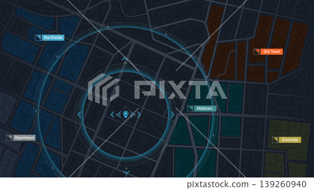 Locator position point. GPS tracking system to navigate around the city landmarks. Detailed city street map with directions to different locations. Vector illustration Locator position point. GPS tracking system to navigate around the city landmarks. Detailed city street map with directions to different locations. Vector illustration 139260940