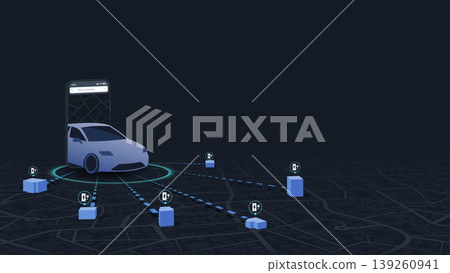 Mobile app designed for flexible online charging solutions. App allows to choose optimal routes for driving. Smartphone displays city map with nearby charging stations. Vector illustration 139260941