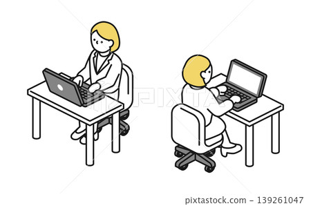 等距插畫:一位身穿西裝的女士正在辦公桌前使用電腦工作。 等距插畫:一位身穿西裝的女士正在辦公桌前使用電腦工作。 139261047