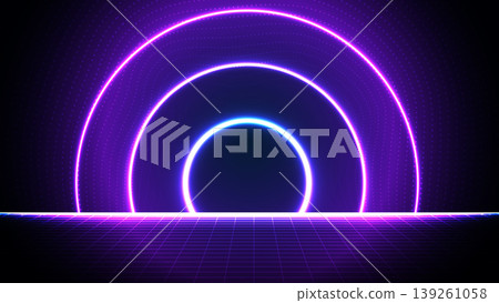 Retro futuristic synthwave background featuring glowing violet neon rings and grid Retro futuristic synthwave background featuring glowing violet neon rings and grid 139261058