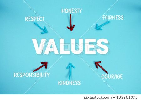 word "VALUES" on cards with colorful arrows pointing toward it on blue background word "VALUES" on cards with colorful arrows pointing toward it on blue background 139261075