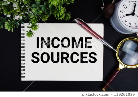 Income Sources text with alarm clock and magnifying glass Income Sources text with alarm clock and magnifying glass 139261089